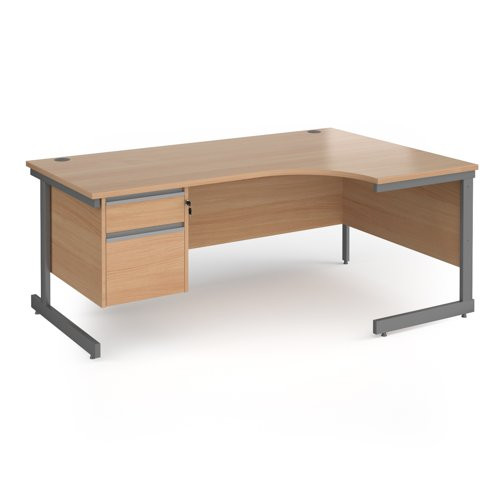 Contract 25 right hand ergonomic desk with 2 drawer pedestal and graphite cantilever leg 1800mm - beech top
