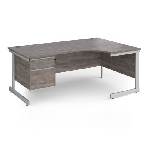 Contract 25 right hand ergonomic desk with 2 drawer pedestal and silver cantilever leg 1800mm - grey oak top
