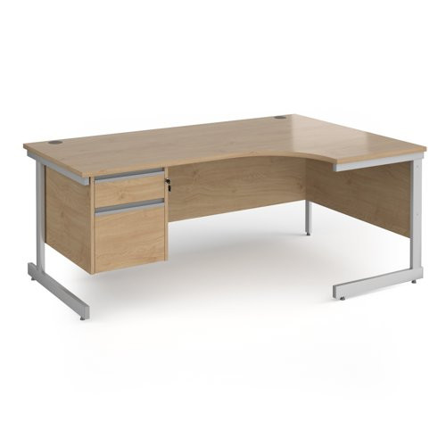 Contract 25 right hand ergonomic desk with 2 drawer pedestal and silver cantilever leg 1800mm - kendal oak top