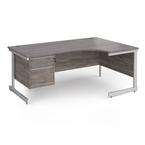 Contract 25 right hand ergonomic desk with 2 drawer pedestal and white cantilever leg 1800mm - grey oak top