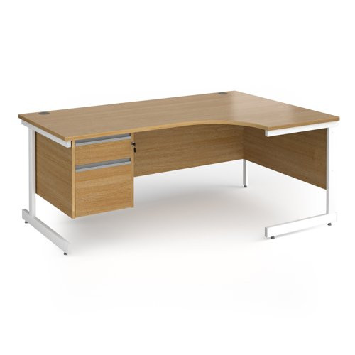Contract 25 right hand ergonomic desk with 2 drawer pedestal and white cantilever leg 1800mm - oak top