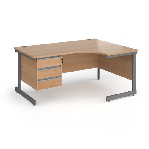 Contract 25 right hand ergonomic desk with 3 drawer pedestal and graphite cantilever leg 1600mm - beech top