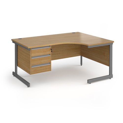 Contract 25 right hand ergonomic desk with 3 drawer pedestal and graphite cantilever leg 1600mm - oak top