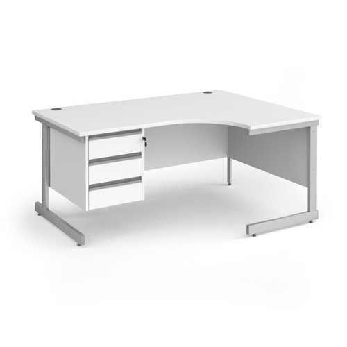 Contract 25 right hand ergonomic desk with 3 drawer pedestal and silver cantilever leg 1600mm - white top