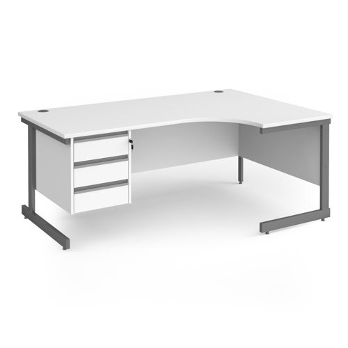 Contract 25 right hand ergonomic desk with 3 drawer pedestal and graphite cantilever leg 1800mm - white top
