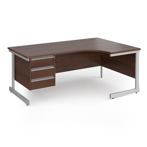 Contract 25 right hand ergonomic desk with 3 drawer pedestal and silver cantilever leg 1800mm - walnut top