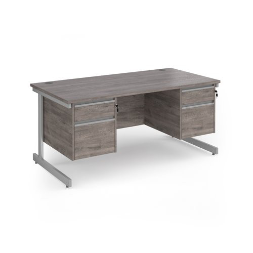 Contract 25 straight desk with 2 and 2 drawer pedestals and silver cantilever leg 1600mm x 800mm - grey oak top