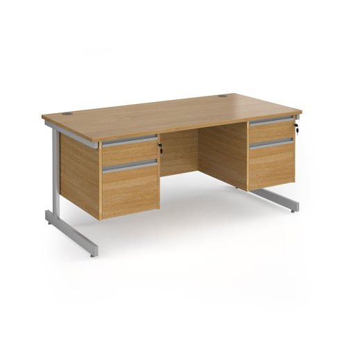 Contract 25 straight desk with 2 and 2 drawer pedestals and silver cantilever leg 1600mm x 800mm - oak top