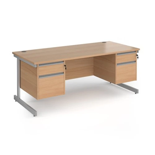 Contract 25 straight desk with 2 and 2 drawer pedestals and silver cantilever leg 1800mm x 800mm - beech top