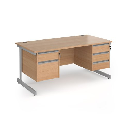 Contract 25 straight desk with 2 and 3 drawer pedestals and silver cantilever leg 1600mm x 800mm - beech top