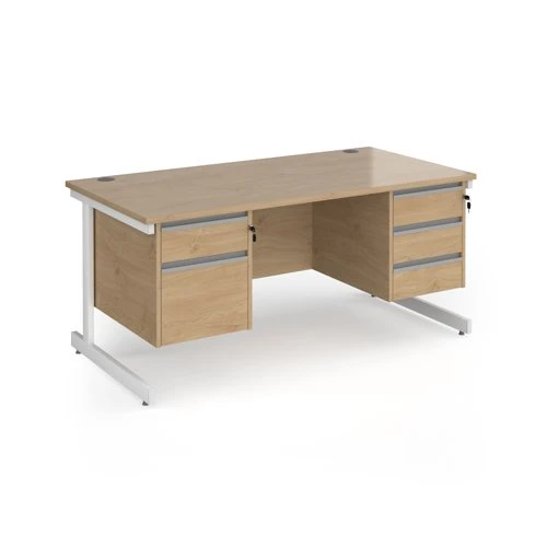 Contract 25 straight desk with 2 and 3 drawer pedestals and white cantilever leg 1600mm x 800mm - kendal oak top