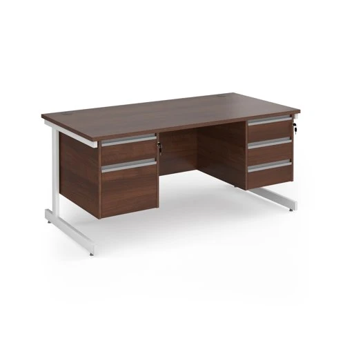 Contract 25 straight desk with 2 and 3 drawer pedestals and white cantilever leg 1600mm x 800mm - walnut top