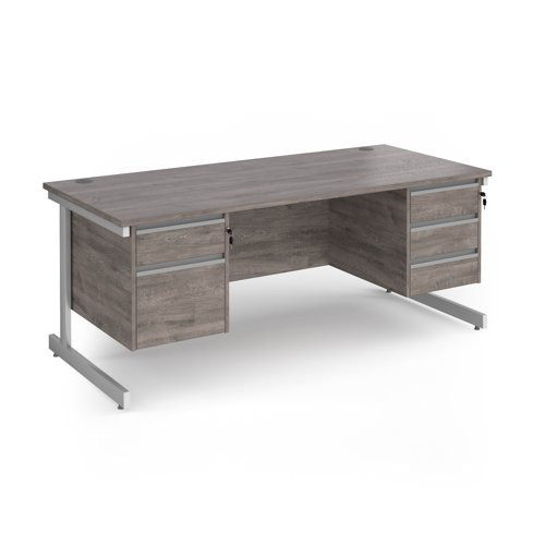 Contract 25 straight desk with 2 and 3 drawer pedestals and white cantilever leg 1800mm x 800mm - grey oak top