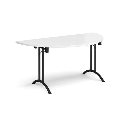 Semi circular folding leg table with black legs and curved foot rails 1600mm x 800mm - white