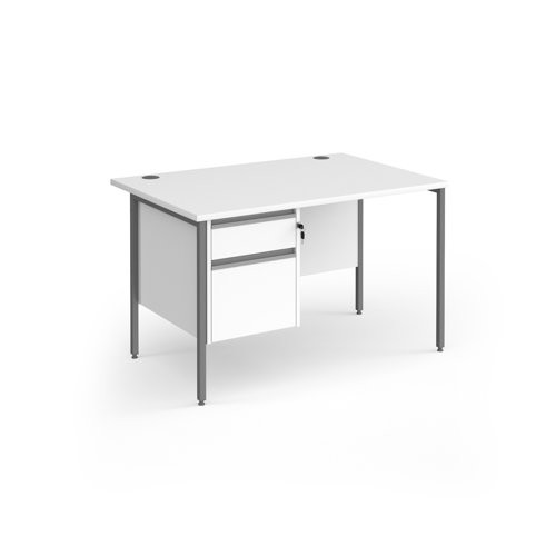 Contract 25 straight desk with 2 drawer pedestal and graphite H-Frame leg 1200mm x 800mm - white top
