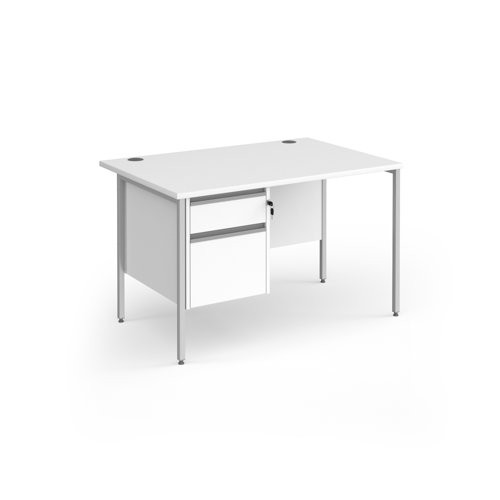 Contract 25 straight desk with 2 drawer pedestal and silver H-Frame leg 1200mm x 800mm - white top