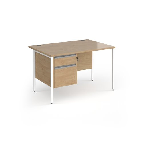Contract 25 straight desk with 2 drawer pedestal and white H-Frame leg 1200mm x 800mm - kendal oak top