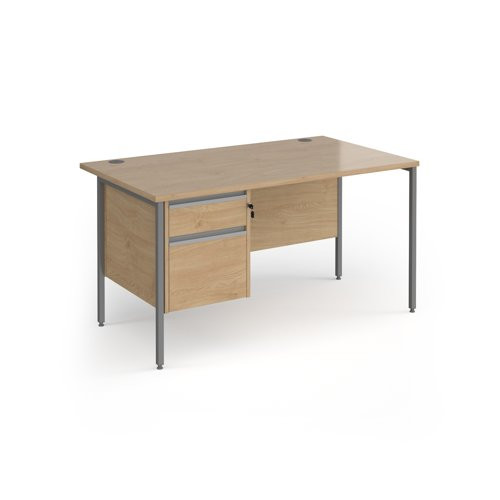 Contract 25 straight desk with 2 drawer pedestal and graphite H-Frame leg 1400mm x 800mm - kendal oak top