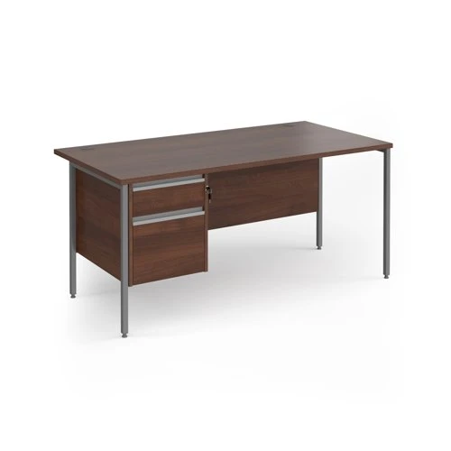 Contract 25 straight desk with 2 drawer pedestal and graphite H-Frame leg 1600mm x 800mm - walnut top