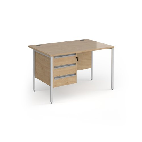 Contract 25 straight desk with 3 drawer pedestal and silver H-Frame leg 1200mm x 800mm - kendal oak top