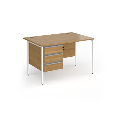 Contract 25 straight desk with 3 drawer pedestal and white H-Frame leg 1200mm x 800mm - oak top