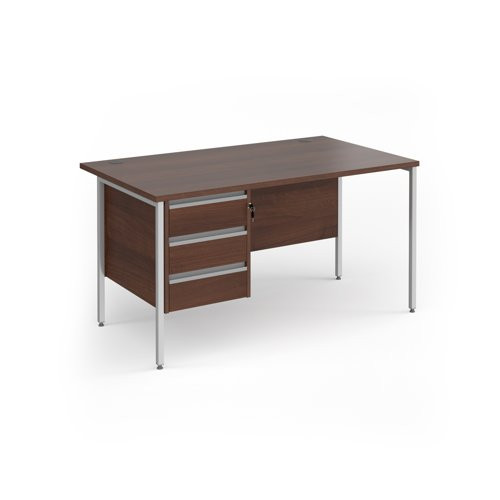 Contract 25 straight desk with 3 drawer pedestal and silver H-Frame leg 1400mm x 800mm - walnut top