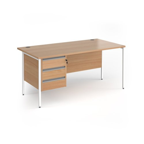 Contract 25 straight desk with 3 drawer pedestal and white H-Frame leg 1600mm x 800mm - beech top