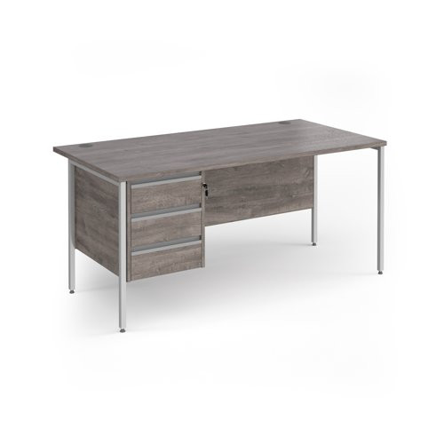 Contract 25 straight desk with 3 drawer pedestal and white H-Frame leg 1600mm x 800mm - grey oak top