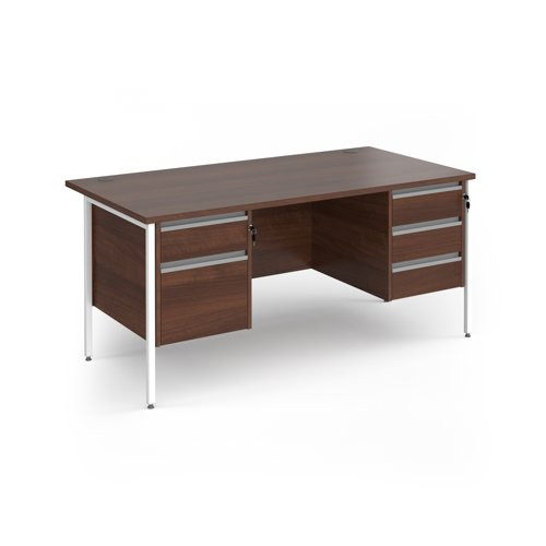 Contract 25 straight desk with 2 and 3 drawer pedestals and white H-Frame leg 1600mm x 800mm - walnut top