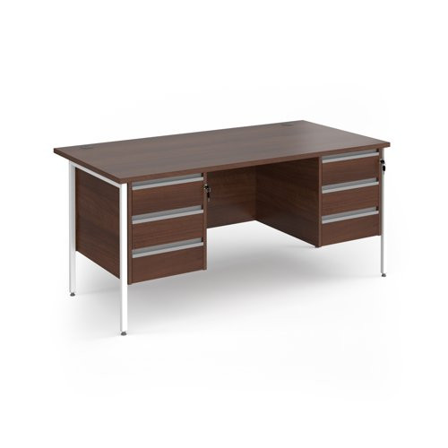Contract 25 straight desk with 3 and 3 drawer pedestals and white H-Frame leg 1600mm x 800mm - Walnut Top