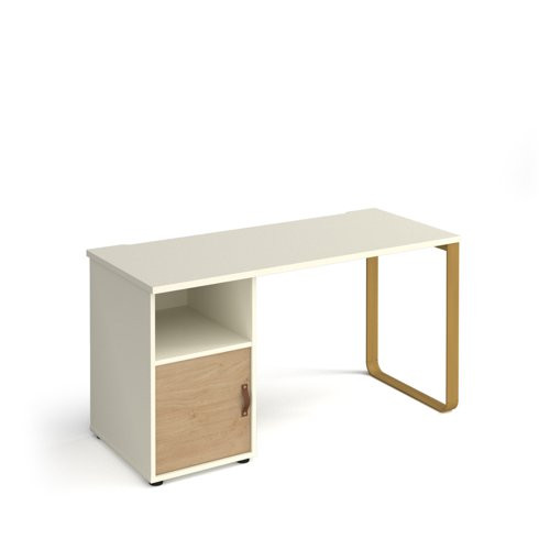 Cairo straight desk 1400mm x 600mm with sleigh frame leg and support pedestal with cupboard door - brass frame, white finish with oak door