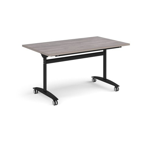 Rectangular deluxe flip top meeting table with black frame 1400mm x 800mm - grey oak