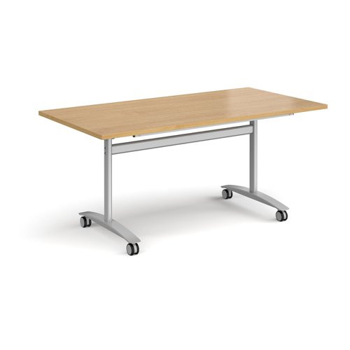 Rectangular deluxe flip top meeting table with silver frame 1600mm x 800mm - oak