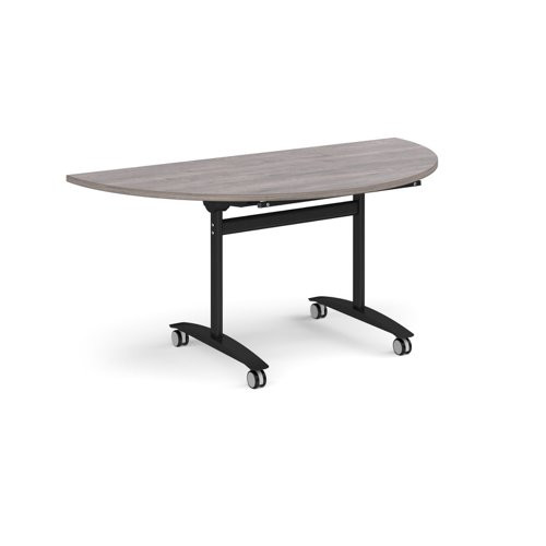 Semi circular deluxe flip top meeting table with black frame 1600mm x 800mm - grey oak