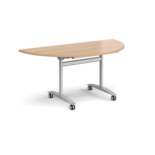 Semi circular deluxe flip top meeting table with silver frame 1600mm x 800mm - beech