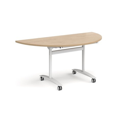Semi circular deluxe flip top meeting table with white frame 1600mm x 800mm - Kendal oak