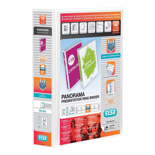 Elba Panorama Presentation Ring Binder PP 4 D-Ring 50mm Capacity A4 White Ref 400001309 [Pack 10]