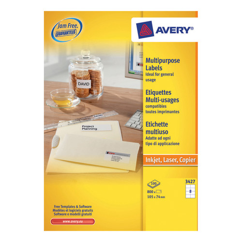 Avery Multipurpose Labels Laser Copier Inkjet 8 per Sheet 105x74mm White Ref 3427 [800 Labels]