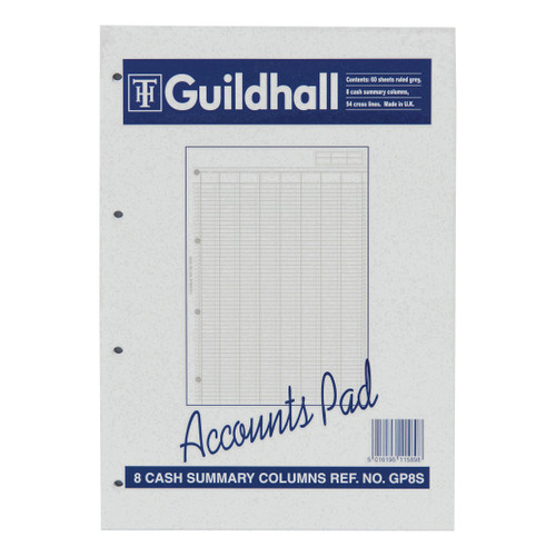 Guildhall Account Pad 8 Cash Column and Summary Punched 4 holes 60 Sheets A4 Ref GP8SZ
