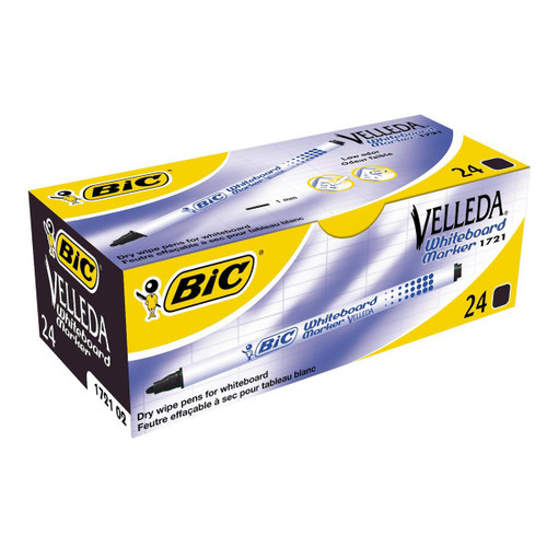 Bic Velleda Marker Whiteboard Dry-wipe 1721 Fine Bullet Tip 1.6mm Line Black Ref 841842 [Pack 24]