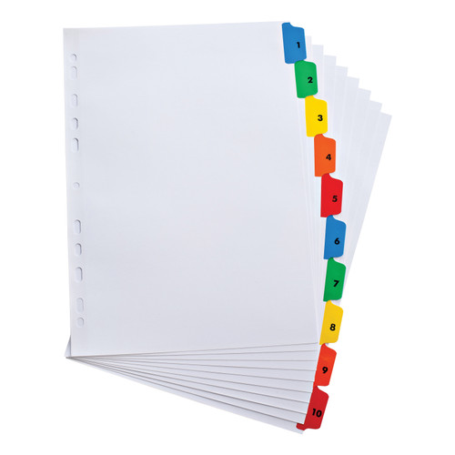 Oxford Index 1-10 Multipunched Mylar-reinforced Multicolour-Tabs 170gsm Extra Wide A4+ White Ref100204626