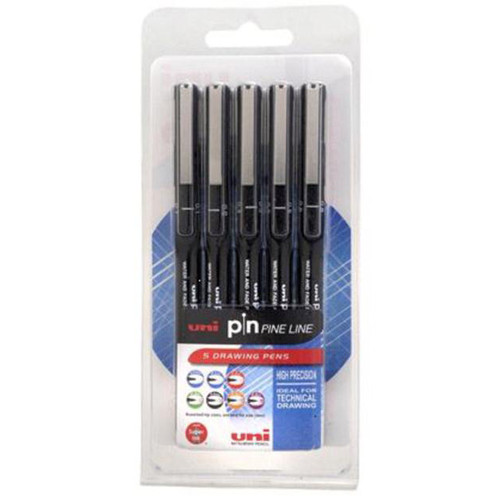 Uni-ball Pin Fineliner Pens Assorted Size Tips Black Ref 153486623 [Pack 5]