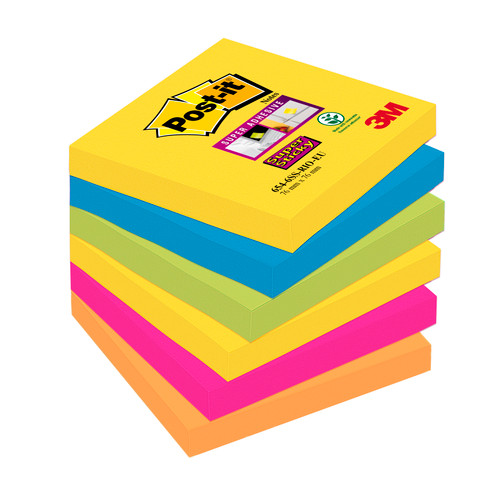Post-it Super Sticky Removable Notes Pad 90 Sheets 76x76mm Rio Ref 654-6SS-RIO [Pack 6]