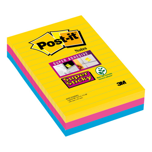 Post-it Super Sticky Notes Rio Ruled 90 Sheets 101x152mm Yellow/Fuchsia/Blue Ref 4690-SS3RIO-EU [Pack 3]