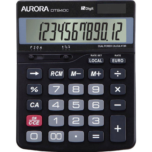 Aurora Semi-desk Calculator 12 Digit 3 Key Memory Battery/Solar Power 115x33x145mm Black Ref DT940C