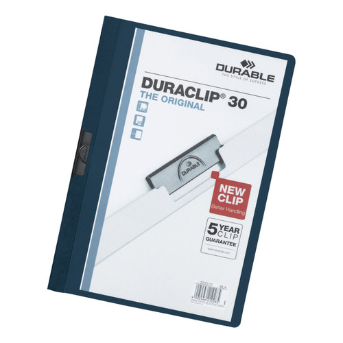 Durable Duraclip Folder PVC Clear Front 3mm Spine for 30 Sheets A4 Midnight Blue Ref 2200/28 [Pack 25]