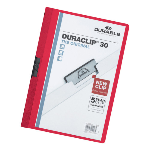 Durable Duraclip Folder PVC Clear Front 3mm Spine for 30 Sheets A4 Red Ref 2200/03 [Pack 25]