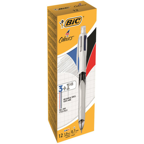 Bic 4 Colour Multifunction Ball Pen Medium with HB Pencil Black Blue Red Ink Ref 942104 [Pack 12]