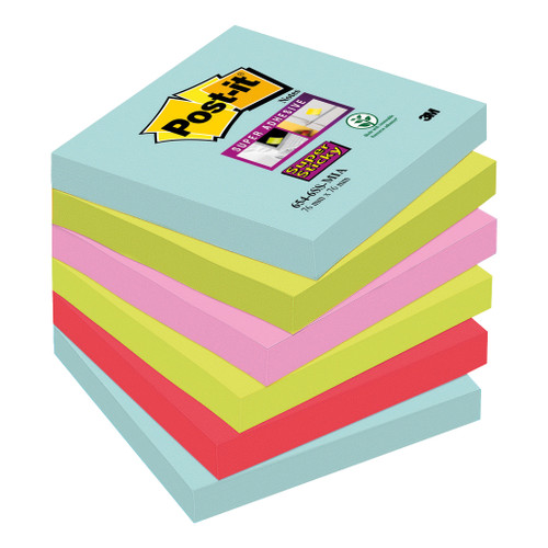 Post-It Super Sticky Notes Miami 76x76mm Aqua Neon Green Pink Poppy Ref 654-6SS-MIA [Pack 6]