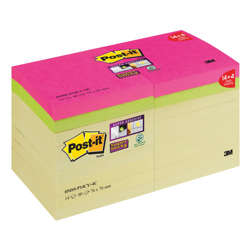 Post-it Super Sticky 76x76 90 Sheets Yellow Ref 654SS-P14CY [Pack 14 + 4 Colour Pads]